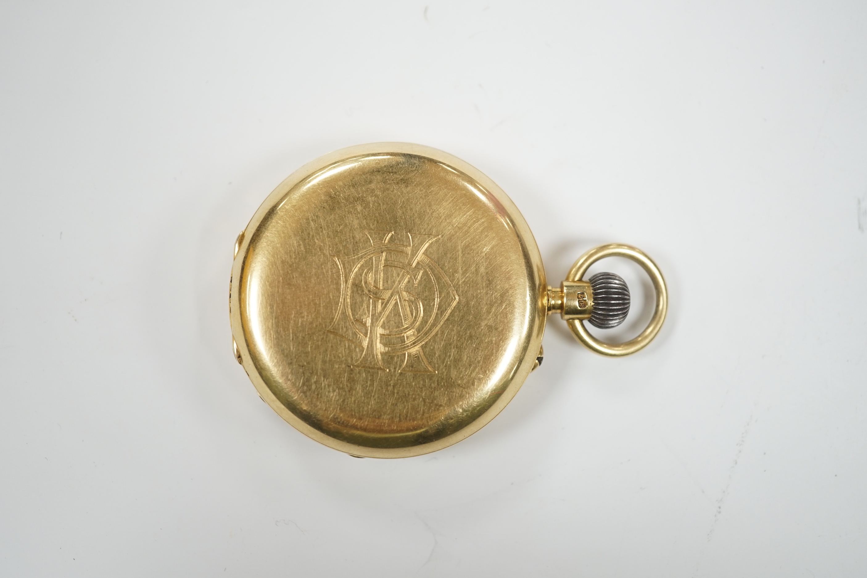 An 18ct gold keyless hunter pocket watch, with Roman dial and subsidiary seconds, the case with engraved monogram, case diameter 48mm